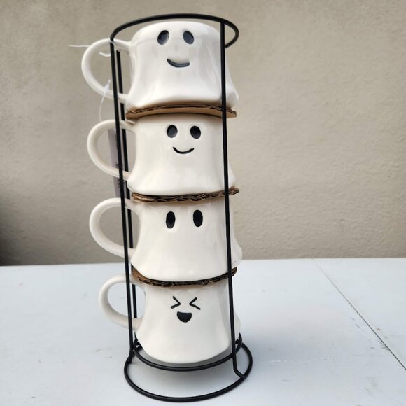 NEW Ceramic Ghost Mugs Mug Set of 4 Stacking Stackable White Stoneware Can hold - Picture 5 of 16